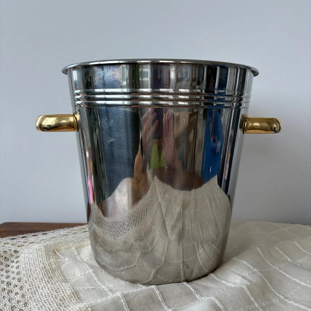 Vintage 18/10 Stainless Steel Champagne Ice Bucket Gold Handles Wine Chiller
